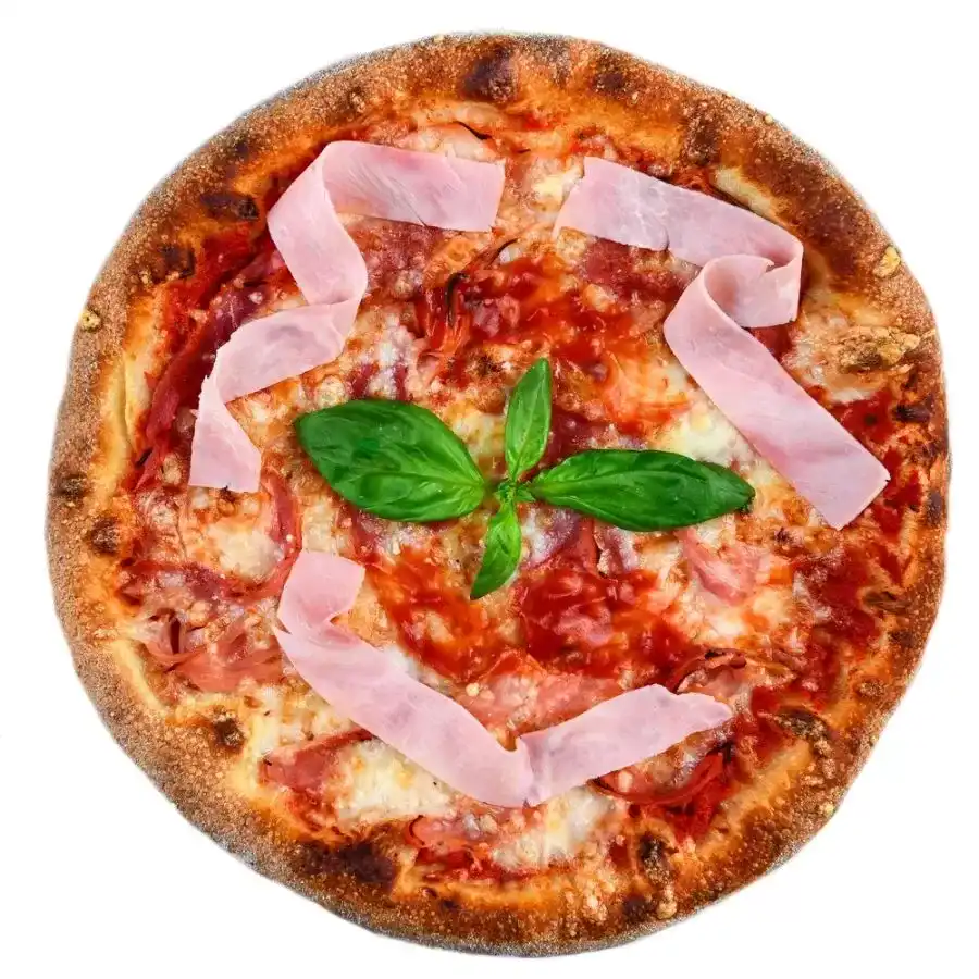 PIZZA PROSCIUTTO COTTO, sos de rosii, mozzarella, prosciutto cotto, ulei de masline
