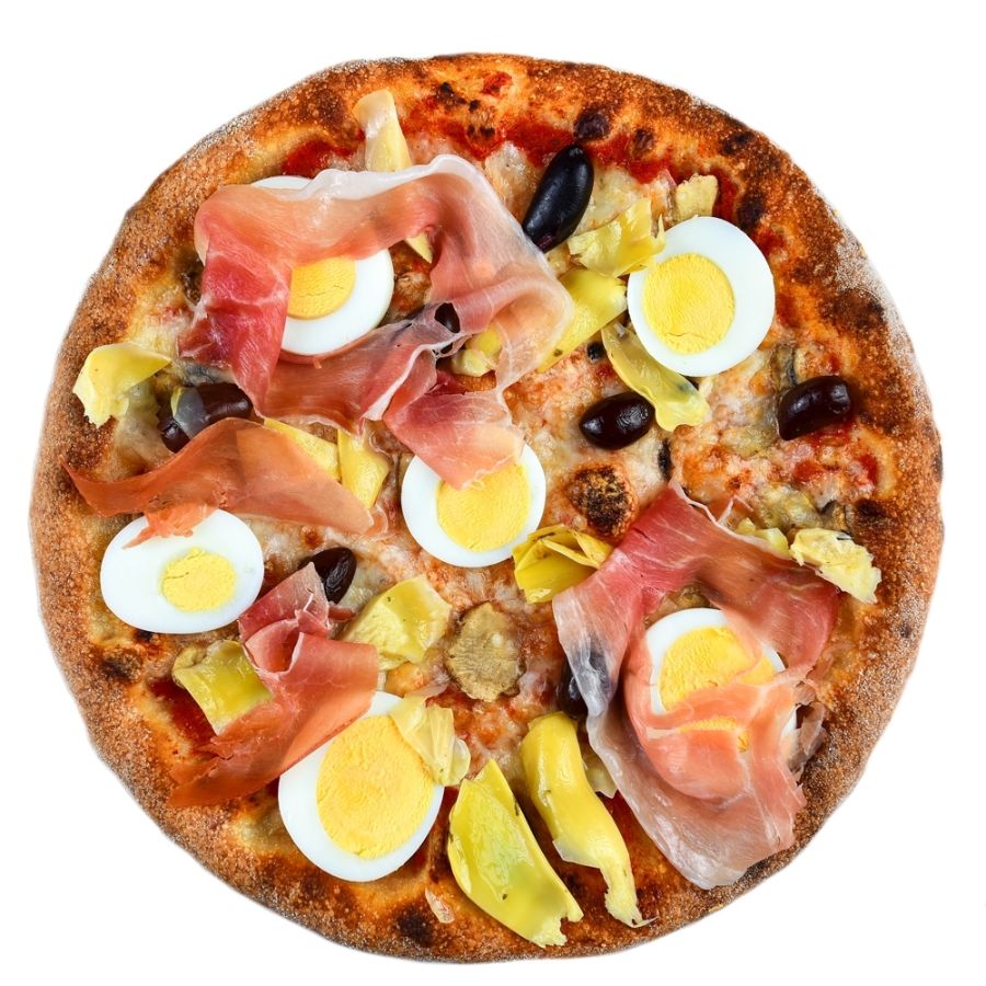 PIZZA CAPRICCIOSA, sos de rosii, mozzarella, masline, anghinare, ciuperci, ou fiert, prosciutto crudo