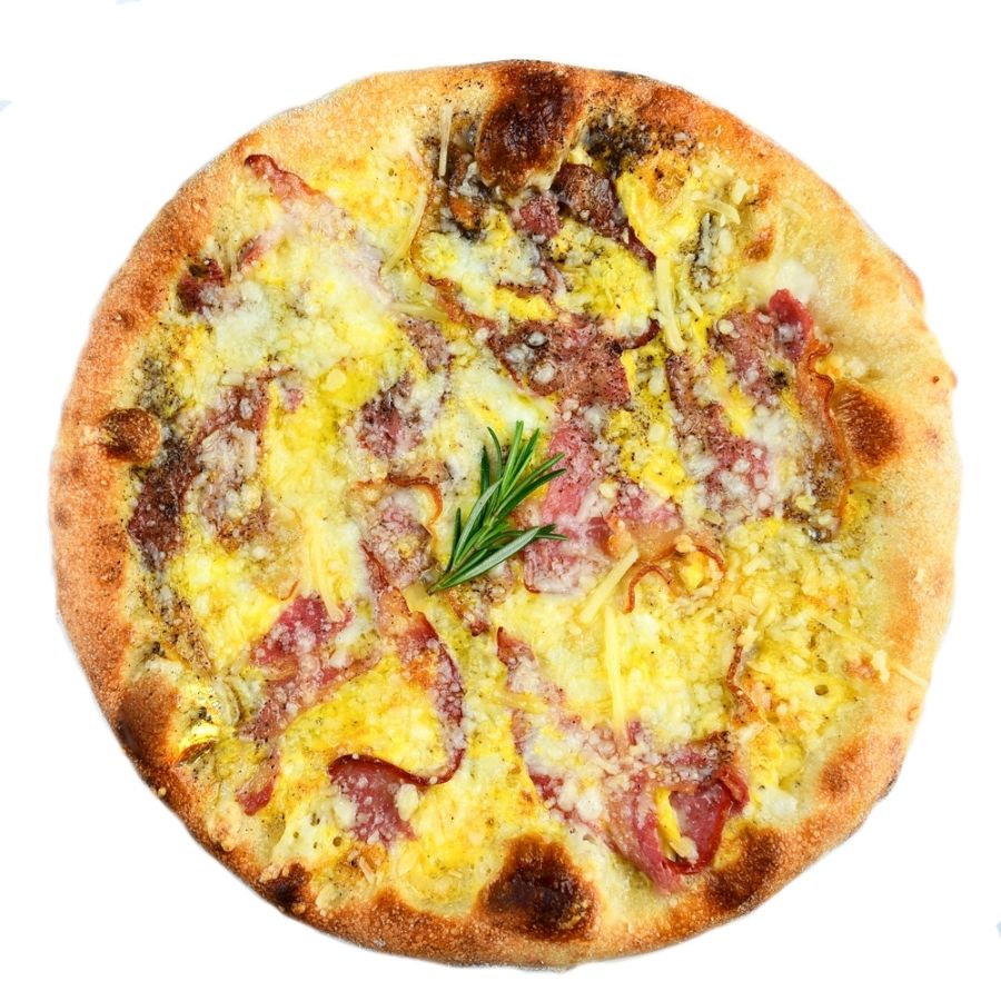 PIZZA CARBONARA, ou, mozzarella, pancetta, parmezan, piper negru