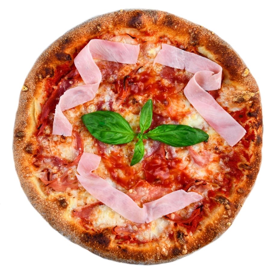 PIZZA PROSCIUTTO COTTO, sos de rosii, mozzarella, bacon, sunca, masline, rosii, telemea de capra, ulei de masline