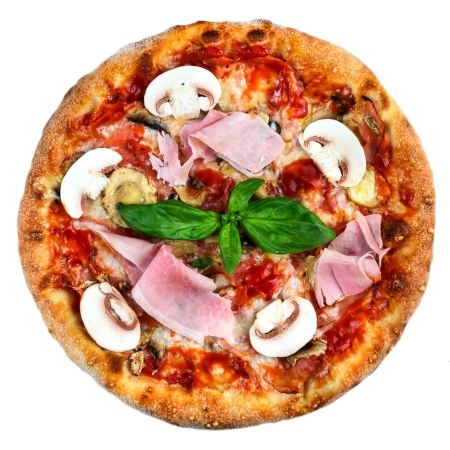 PIZZA PROSCIUTTO COTTO E FUNGHI, sos de rosii, mozzarella, sunca,ciuperci, ulei de masline