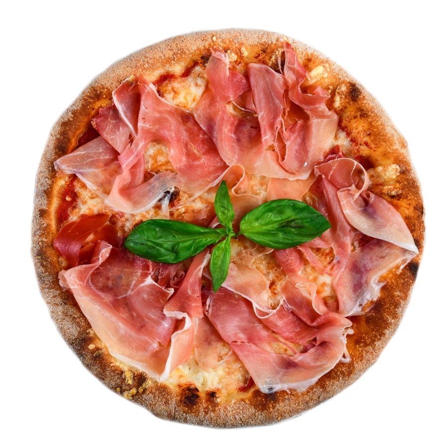 PIZZA PROSCIUTTO CRUDO, sos de rosii, mozzarella, prosciutto crudo