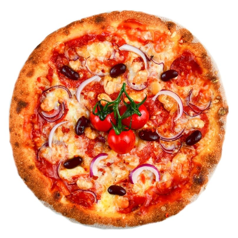 PIZZA MESSICANA, Sos de rosii, mozzarella, peperoncino, salam picant, fagioli lessi (fasole), ceapa