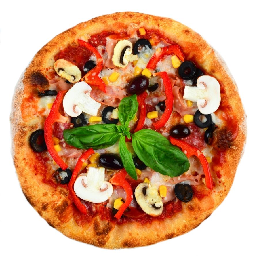 PIZZA MIXT, sos de rosii, mozarella, salam, ciuperci, masline, ardei gras, porumb, ulei de masline