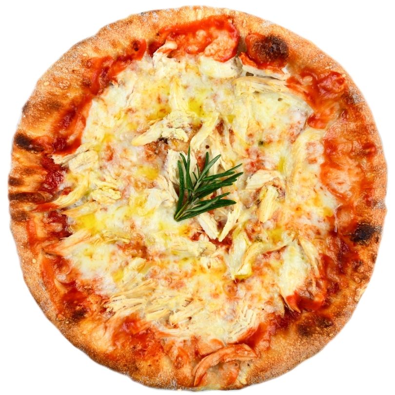 PIZZA POLLO, Sos de rosii, mozzarella, pastrama din piept afumat, ulei de masline