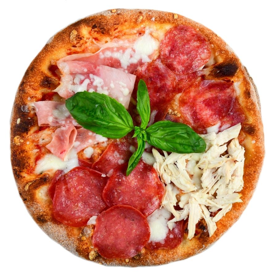 PIZZA QUATTRO CARNI, sos de rosii, mozzarella, sunca, salam, bacon, piept de pui, ulei de masline