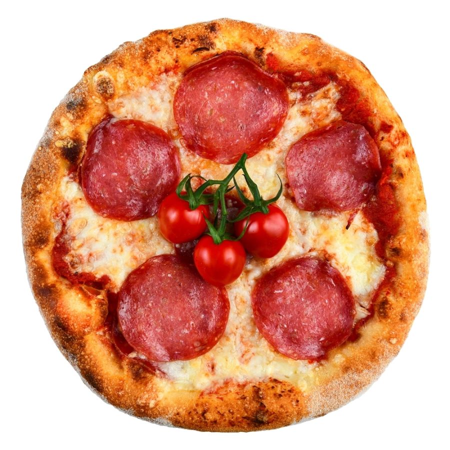 PIZZA SALAM DULCE, sos de rosii, mozzarella, salam dulce, ulei de masline