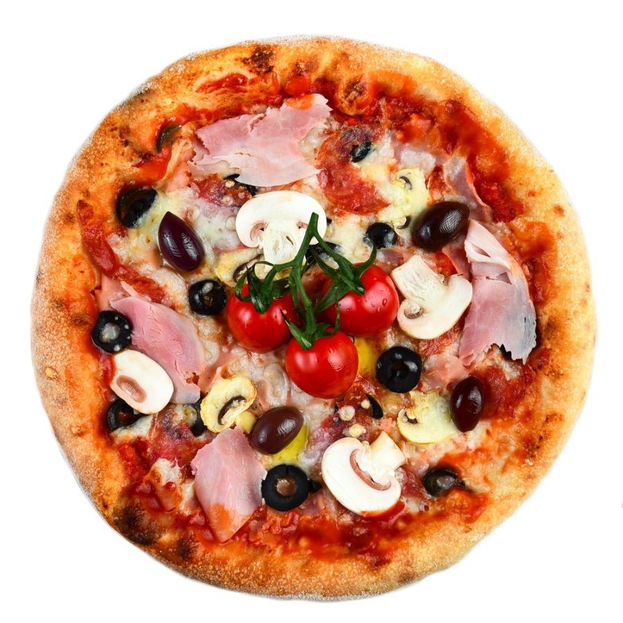 PIZZA SPECIALA, sos de rosii, mozzarella, salam, sunca, ciuperci, masline, ulei de masline